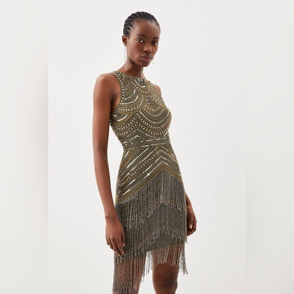 NWT Karen Millen Halter Neck Beaded And Embellished Fringe Woven